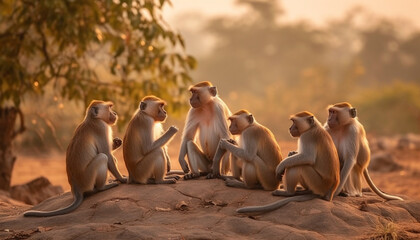 Wall Mural - Young monkey family sitting in tropical rainforest eating grass together generated by AI