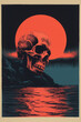 © KG - Risograph style design of Skull and Moon and Water - Poster background art.