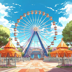 Wall Mural - Theme park amusement park animation background with Ferris wheel anime style