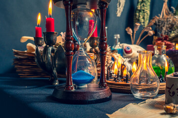 Spiritual occultism and magic chemistry background. Witchcraft potion vials or glass bottles with magic liquid ingredients. Alchemy and esoteric items for magik cult. Occult and esoteric concept.