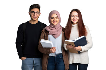 Three multi ethnic university students smiling at camera. Isolated transparent background