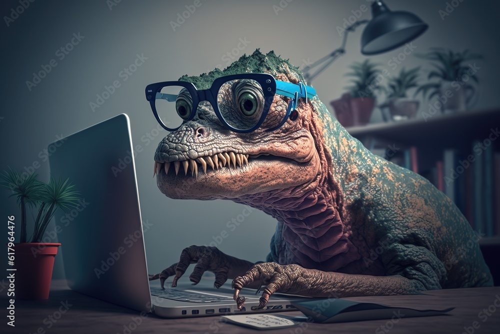 dinosaur working with glasses on the computer, generative AI Stock ...