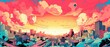 © ColdFire - Bright cityscape in comic style. Tall skyscrapers of saturated and bright color. Generative AI