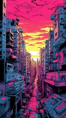 Bright cityscape in comic style. Tall skyscrapers of saturated and bright color. Generative AI