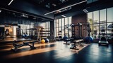 Fototapeta Uliczki - a photo of a interior of a modern fitness center gym club with a workout room with treadmills on a sunny day in the morning. Generative AI