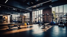 A Photo Of A Interior Of A Modern Fitness Center Gym Club With A Workout Room With Treadmills On A Sunny Day In The Morning. Generative AI