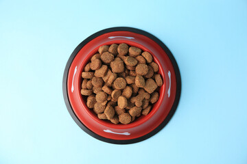 Wall Mural - Dry dog food in feeding bowl on light blue background