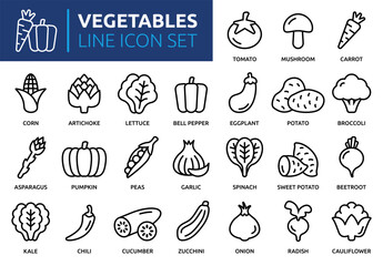 Vegetables icon set. Containing tomato, mushroom, carrot, corn, eggplant, beetroot, potato, lettuce and onion icons. Outline icon collection. Vector illustration.