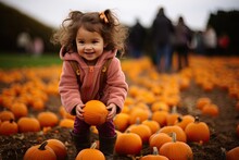  Little Girl Picking Pumpkins On Halloween Pumpkin Patch
