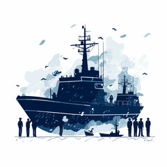 Wall Mural - navy ship sailors minimalist doodle style min vector illustration