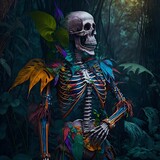 full body skeleton as a pirat in a jungle colorful 4k hyper realism 