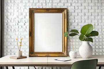 Blank picture frame mockup in the white table and vase isolated on interior. Luxury frame for product placement