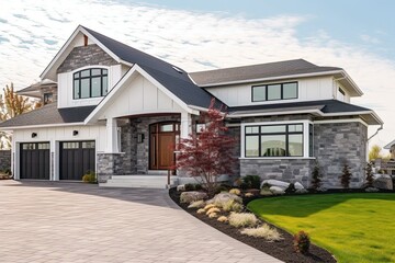 Exemplary Fresh Construction Dwelling with Innovative Styling and Double Garage: A Stunning Blend of White Siding and Natural Stone Porch, generative AI