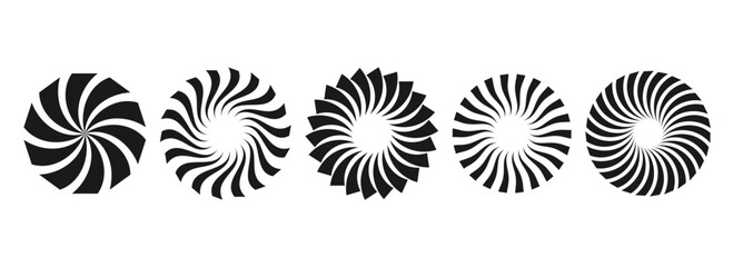 Wall Mural - Black and white curl sunburst circles collection. Stylized radial twisted element pack. Round rays and beams set. Geometric stars pack. Vector illustration concept for banner, badge, sticker, poster.