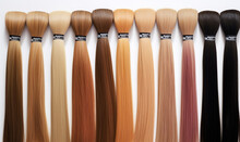 Assortment Of Hair For Hair Extension Procedure. Types Of Materials, Color And Quality For The Presentation Of The Service. Toning Of Different Shades Of The Background Of The Strands. Social Media