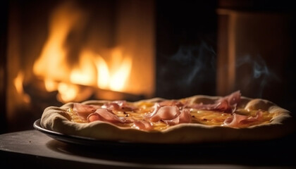 Wall Mural - Rustic homemade pizza baked in brick oven with fresh mozzarella generated by AI