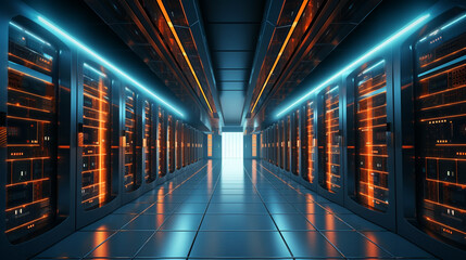 Huge modern server room,  Information digitalization lines streaming through servers. SAAS, Cloud Computing, Web Service, Cloud storage server. Generative ai.