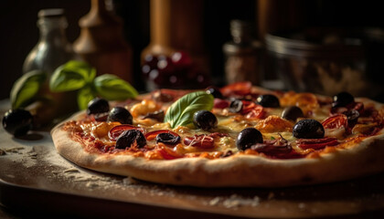 Wall Mural - Freshly baked pizza with mozzarella, tomato, salami, and black olives generated by AI