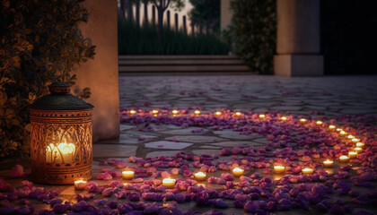 Wall Mural - Candlelight illuminates ornate lantern in tranquil winter celebration outdoors generated by AI