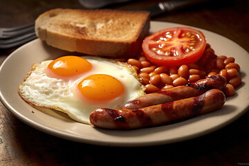 Wall Mural - Delicious English Breakfast. Eggs, Beans, Sausages, Tomatoes & Toast