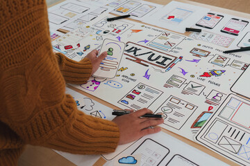 Wall Mural - close up ux developer and ui designer brainstorming interface wireframe design.creative digital deve