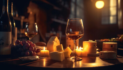 Canvas Print - Romantic candlelit dinner with gourmet food and fine wine tasting generated by AI