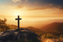 Crucifixion Of Jesus Christ - Cross At Sunset. Holy Place. Good Friday Concept. Generated Using AI Tools.