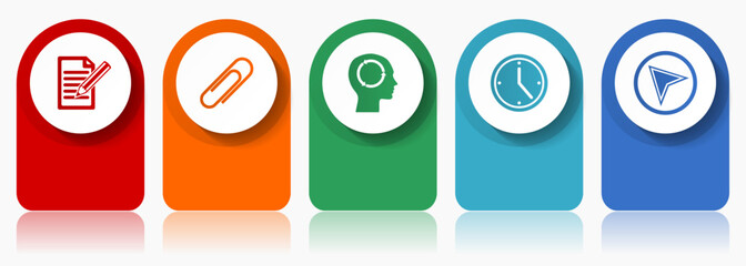 Aufkleber - Education icon set, miscellaneous vector icons such as register, attach, head, clock and navigation arrow, modern design infographic template, web buttons in 5 color options