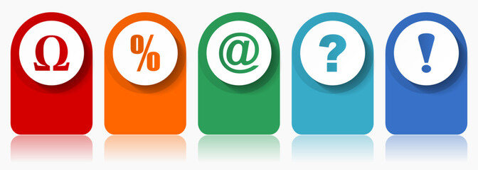 Fototapete - Symbols icon set, miscellaneous vector icons such as omega, percent, at, question mark and exclamation sign, modern design infographic template, web buttons in 5 color options