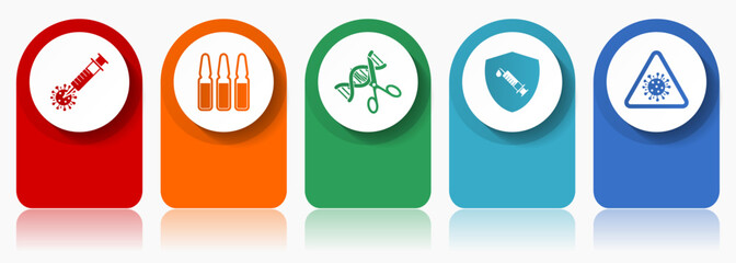 Poster - Covid-19 icon set, miscellaneous vector icons such as vaccine, ampule, dna, shield and flu, modern design infographic template, web buttons in 5 color options