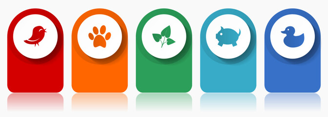 Poster - Nature icon set, miscellaneous vector icons such as bird, animal, leaf, pig and duck, modern design infographic template, web buttons in 5 color options