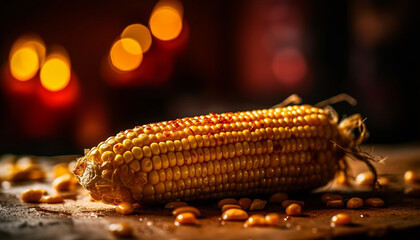 Canvas Print - Grilled sweetcorn on a rustic table, illuminated by glowing flames generated by AI