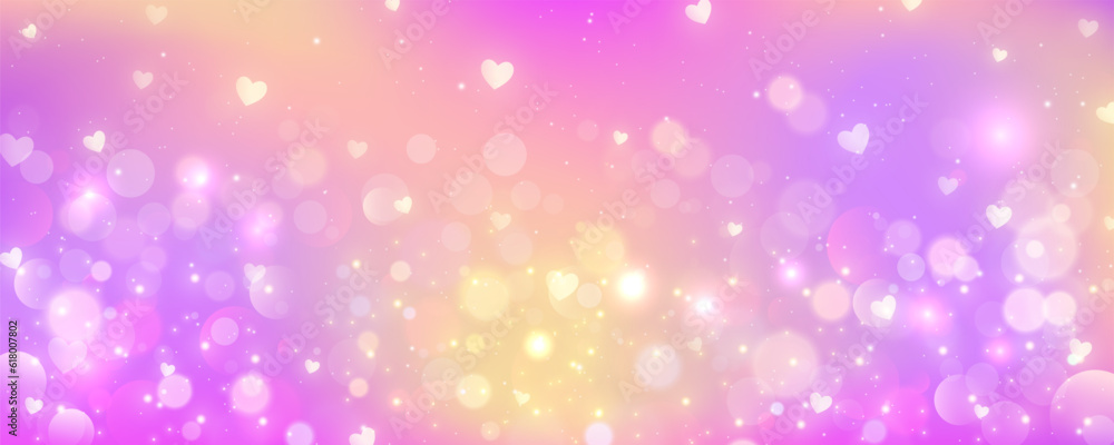 Pink background with bokeh. Light pastel sky with glitter stars and ...