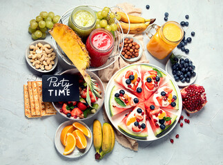 Poster - Summer fruits assorted on white background. Fresh raw food concept.