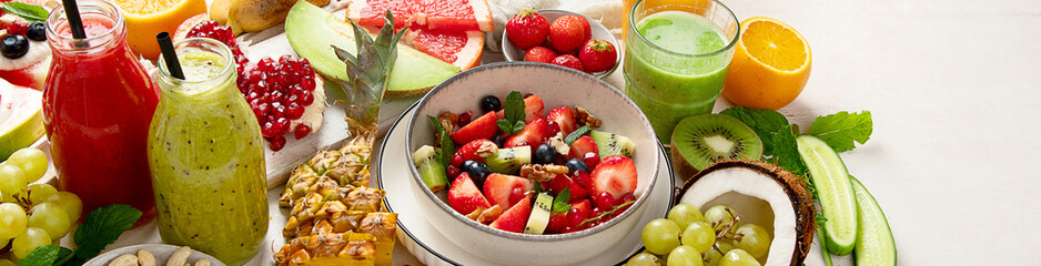 Poster - Summer fruits assorted on white background. Fresh raw food concept.