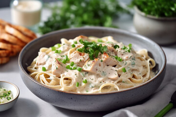 Wall Mural - delicious chicken and pasta dish placed on sleek gray background, composition exudes warmth and comfort, with rich tones accompanying ingredients