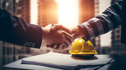 architect and engineer construction workers shaking hands while working for teamwork and cooperation