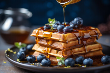 Wall Mural - delicious waffles adorned with generous serving of juicy blueberries. To enhance their sweetness, drizzle of golden honey cascades down fluffy, creating delectable combination of flavors