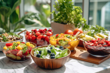 Poster - colorful variety of fresh fruit salads artfully arranged on dining table. Vibrant assortment includes slices of juicy watermelon, tangy citrus fruits, succulent berries, and refreshing fruits
