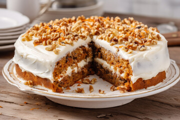 Poster - carrot cake adorned with carrot buttercream and sprinkled with crunchy walnuts rich cream cheese icing complements