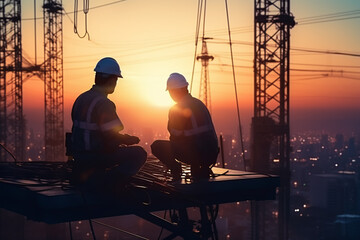 Sticker - Silhouette workers construction the extension of high-voltage towers on blurred light