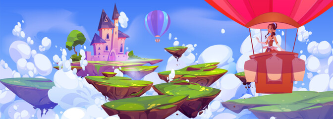 Princess on hot air balloon flying to magic castle cartoon background. Beautiful fantasy queen palace and female character scene. Floating rock island path to jump in sky to mansion game wallpaper