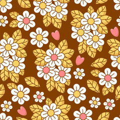 Wall Mural - Groovy seamless pattern with Daisy Flower on brown background. Vector Illustration for wallpaper, design, textile, packaging, decor.