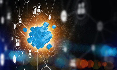 Wall Mural - concept of internet and networking with digital cube figure on dark background