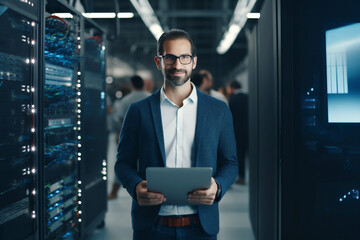 Portrait of man while running servers in a data center. Close-up. Generative Ai content