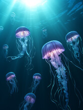 Purple Jellyfish With Neon Light Effect In The Sea