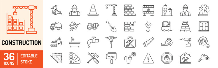 construction editable stroke outline icons set. construction, renovation architecture, engineer, bui