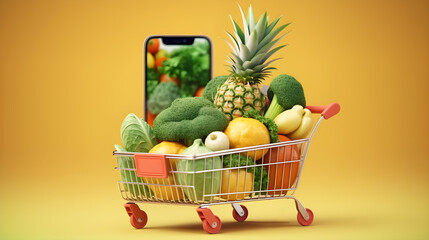 Wall Mural - shopping cart full of vegetables and mobile phone online shopping concept created with Generative AI