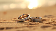 Wedding Rings On The Sand With Bokeh Light Created With Generative AI