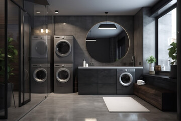 Wall Mural - Dark modern bathroom with round mirror and washing machine